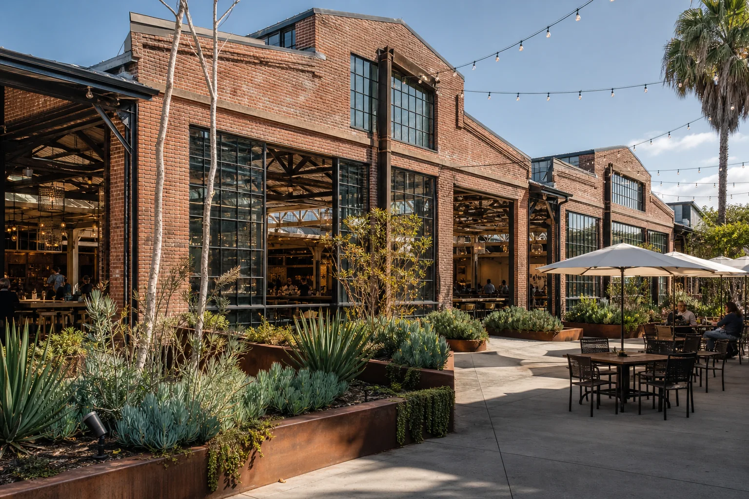 Historic brick packing house and outdoor dining at the Anaheim Packing District