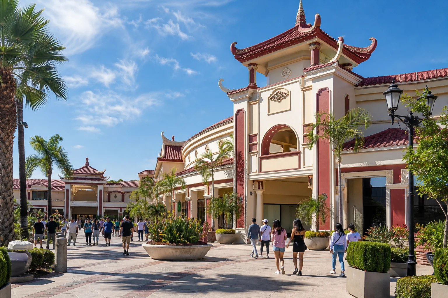 Ornate Vietnamese-style shopping center and busy courtyard representing Asian Garden Mall