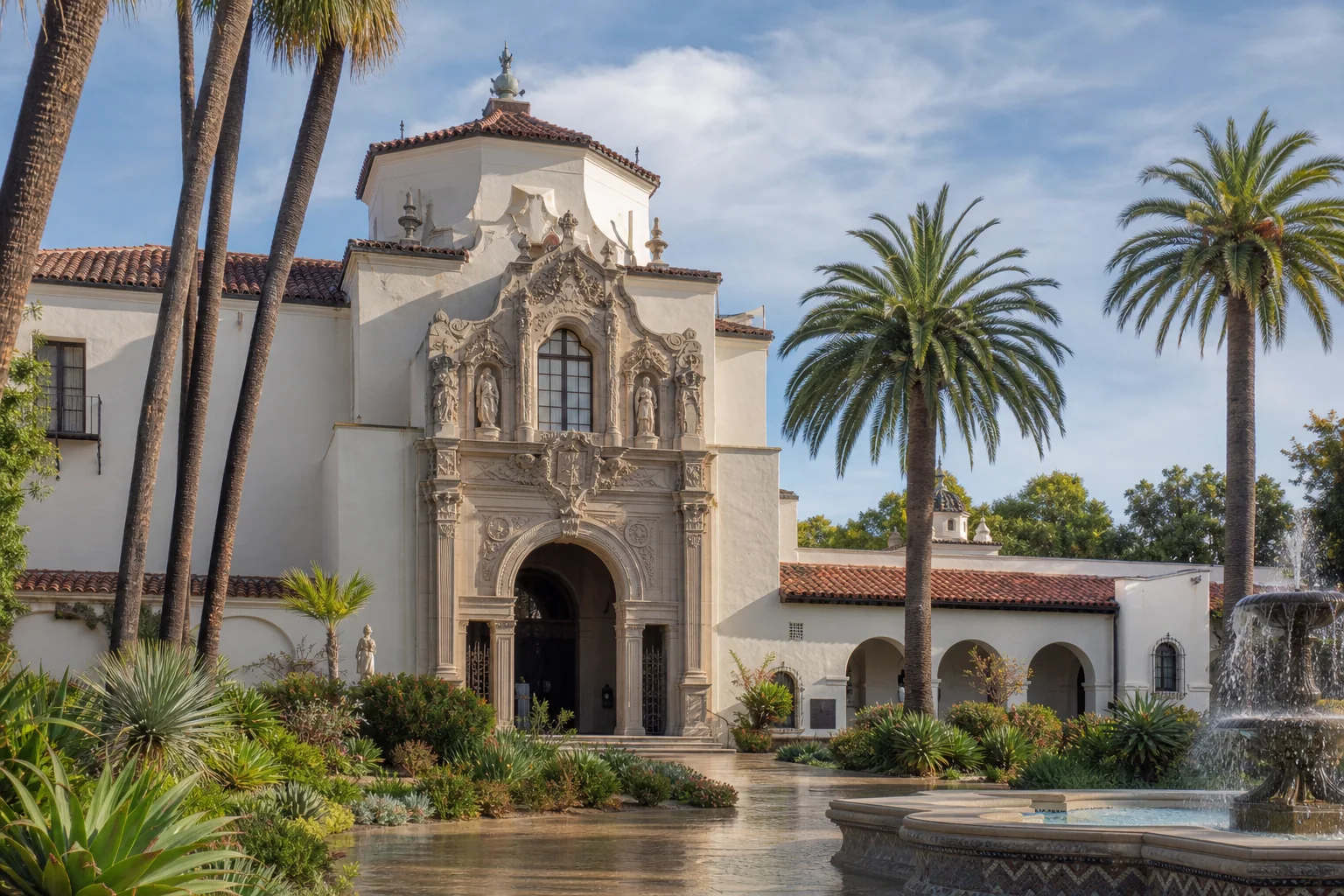 Ornate Spanish Colonial Revival facade and fountain representing Bowers Museum in Santa Ana