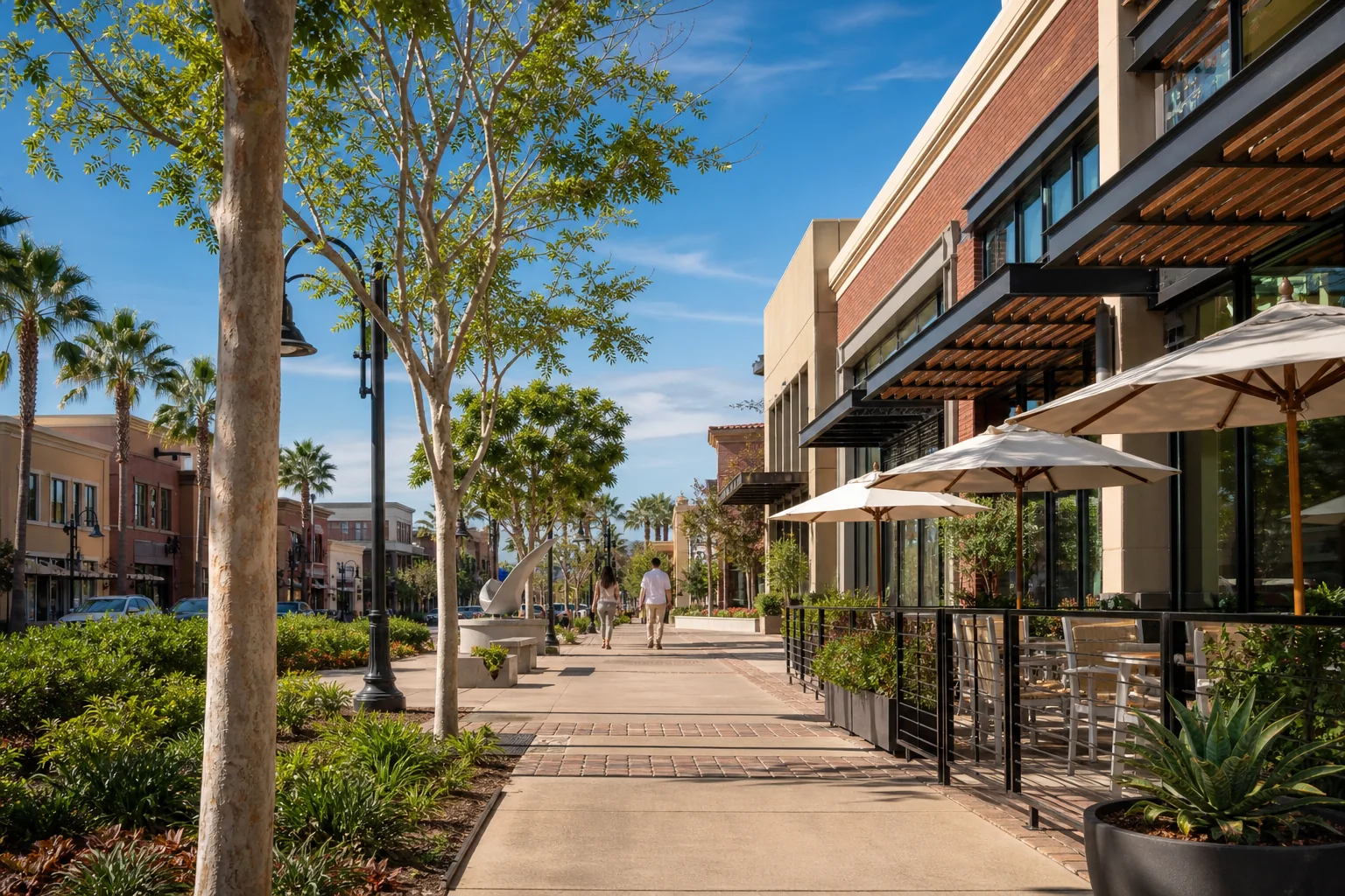 Tree-lined pedestrian streetscape and outdoor dining in Brea Downtown