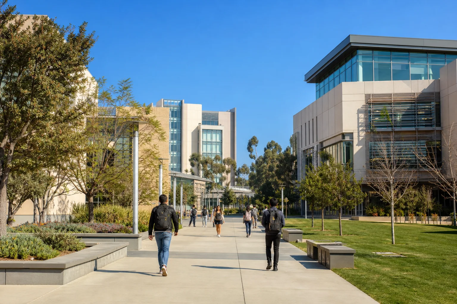 Modern academic buildings and a landscaped promenade at Cal State Fullerton