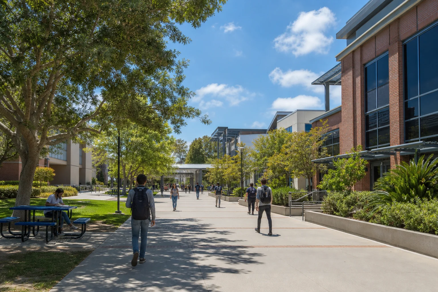 Tree-lined pedestrian campus and contemporary academic buildings representing Cerritos College near Norwalk