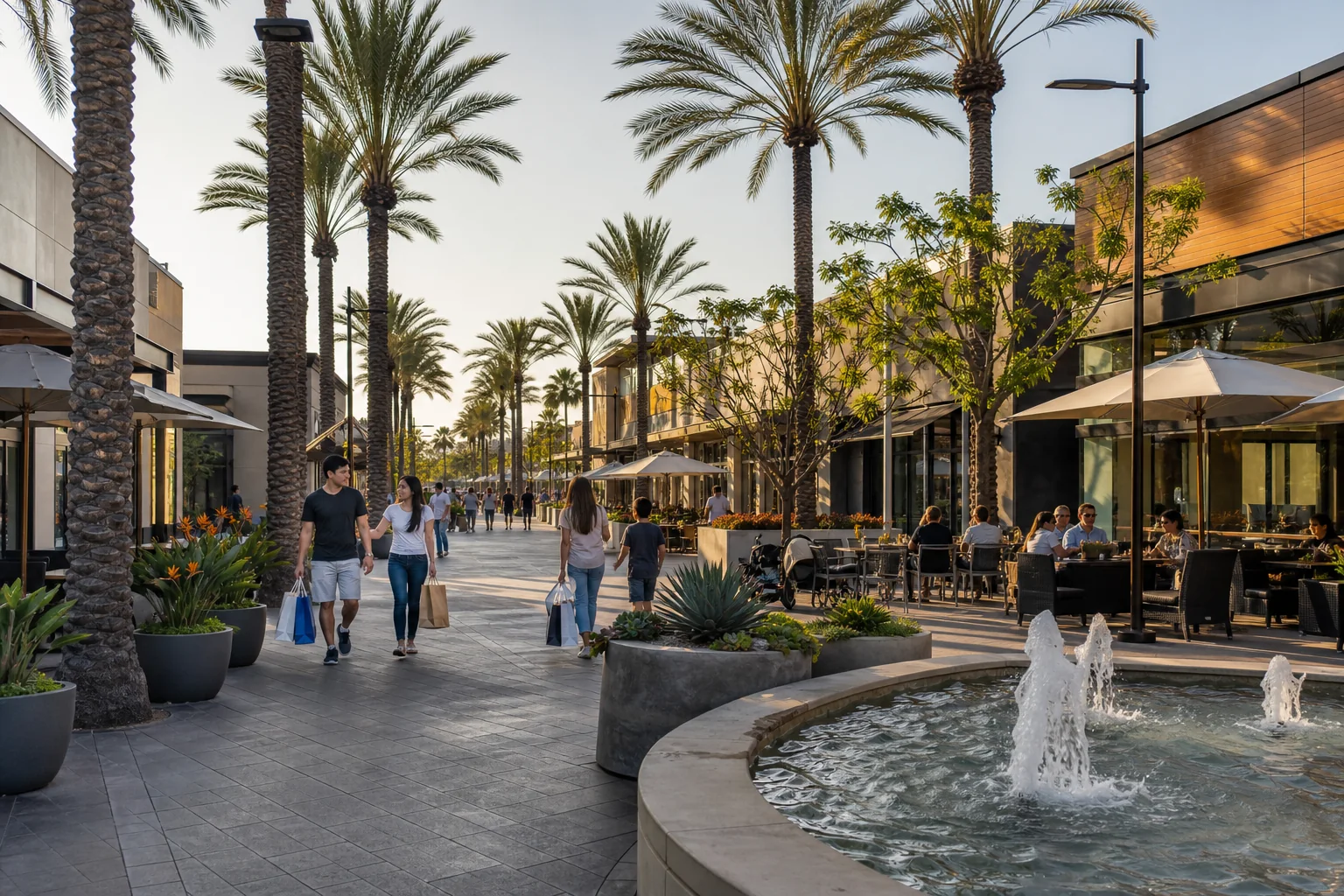 Palm-lined shopping promenade and outdoor dining representing Cerritos Towne Center