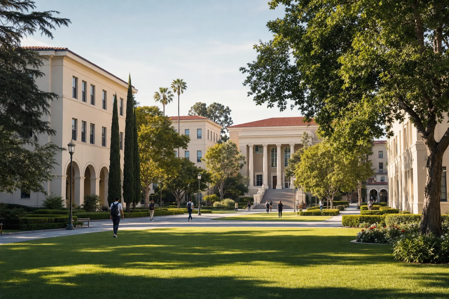 Neoclassical academic buildings and landscaped quad representing Chapman University
