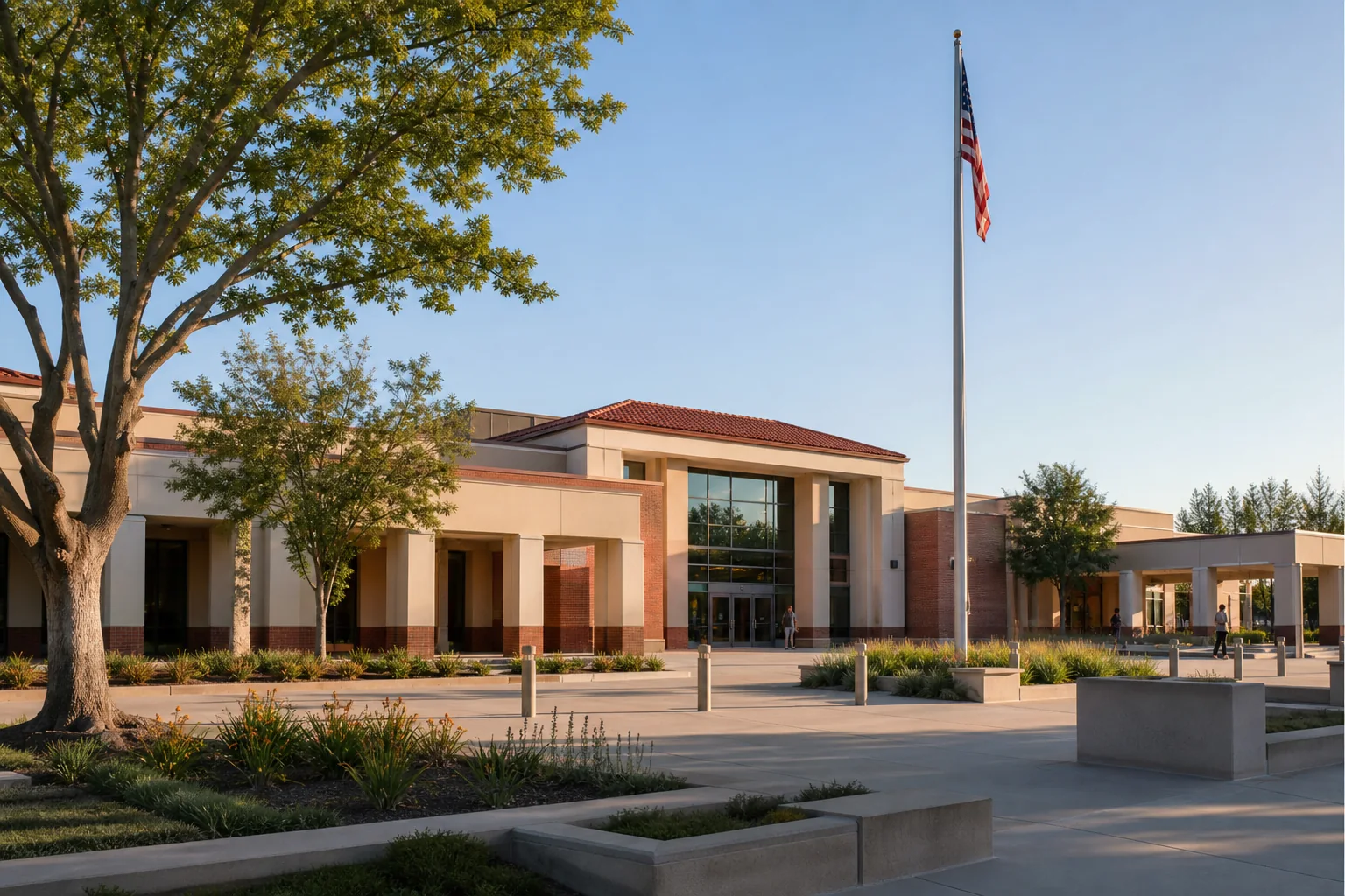 Contemporary municipal complex and landscaped plaza representing Chino City Hall