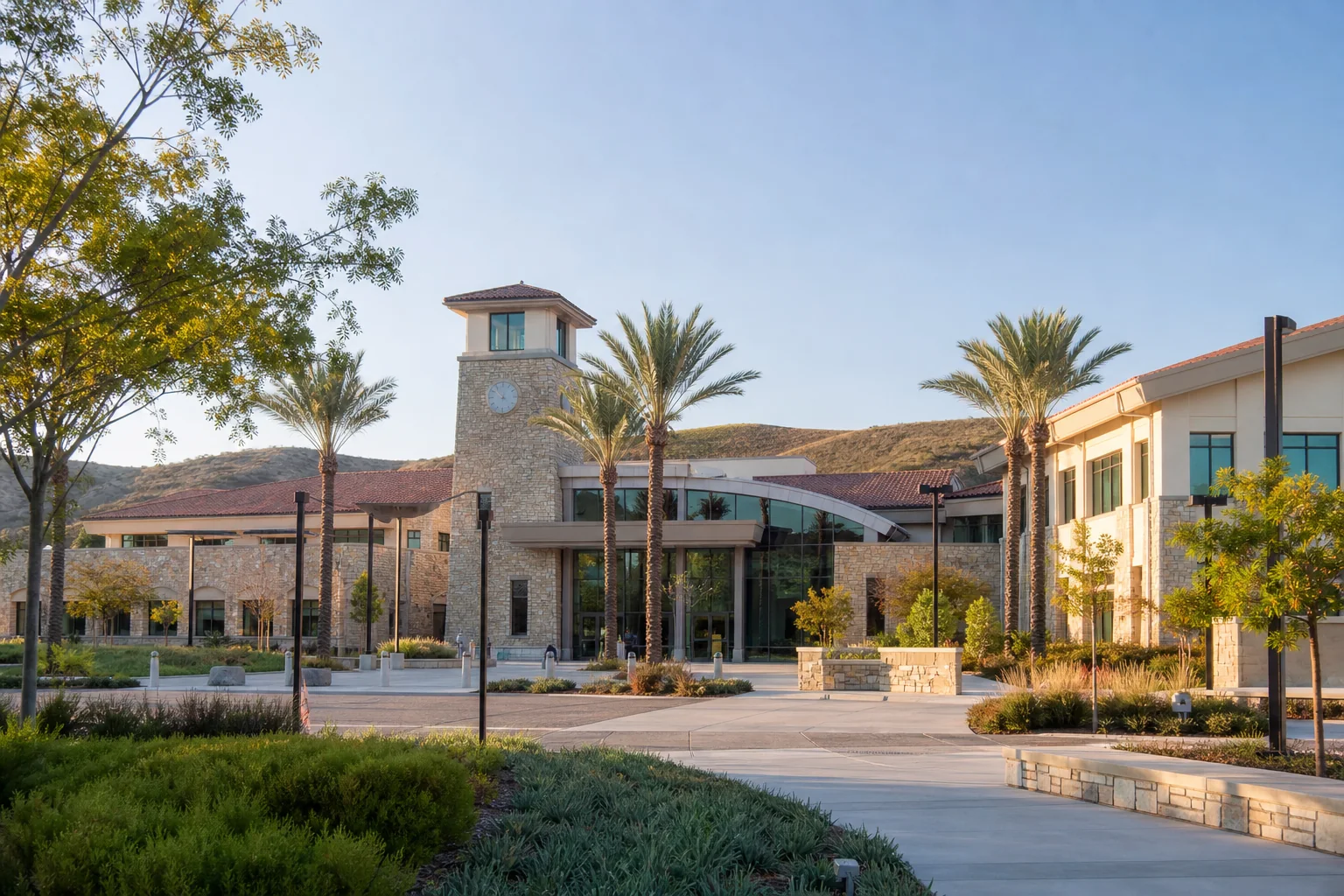 Stone civic complex, clock tower, and palm-lined plaza representing Chino Hills City Hall