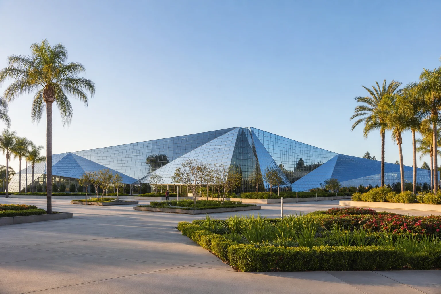 Low faceted reflective-glass sanctuary and landscaped plaza representing Christ Cathedral