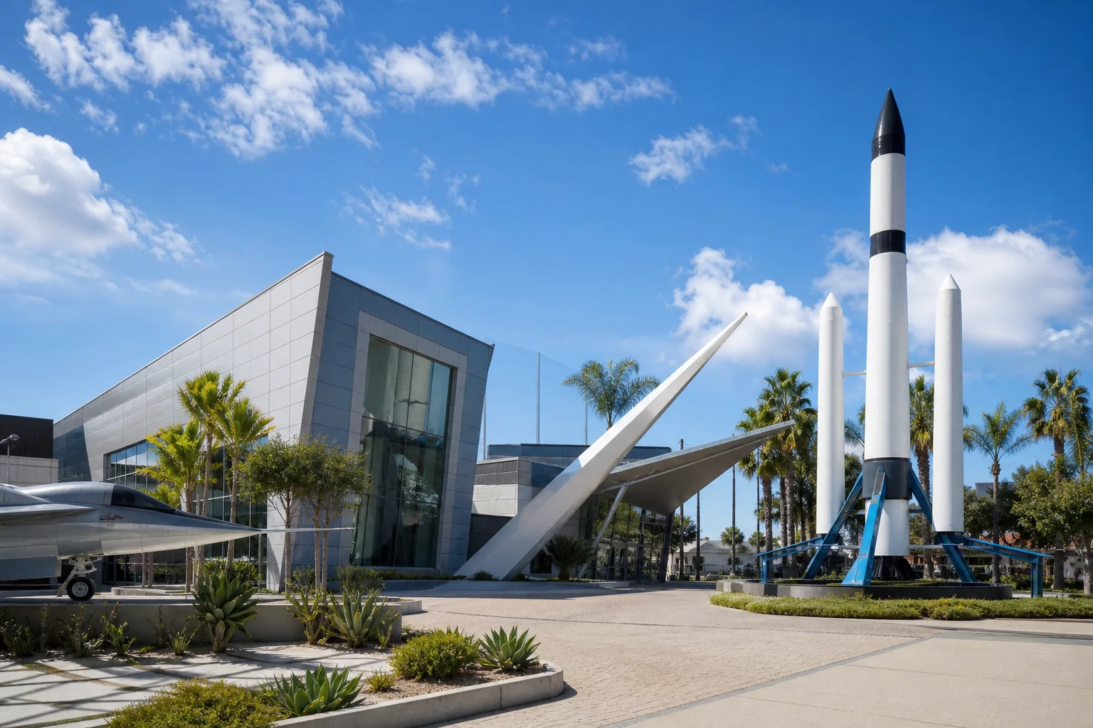 Modern science center and outdoor rocket exhibits representing Columbia Memorial Space Center in Downey