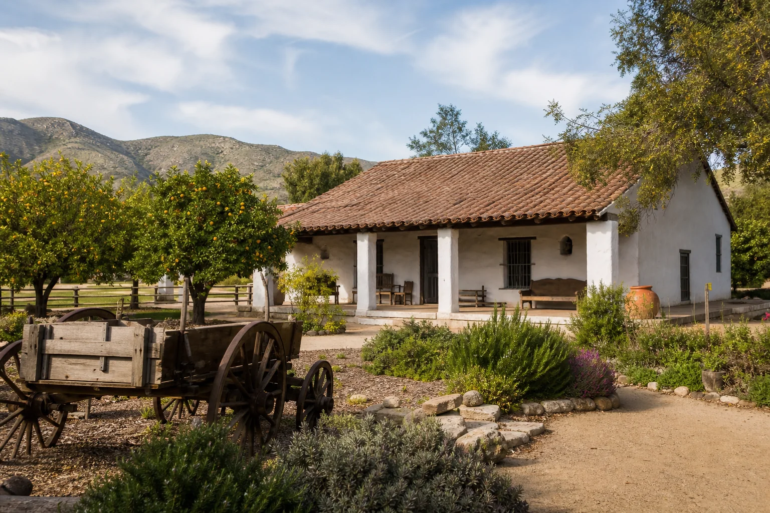 Historic citrus-era house, orange trees, and agricultural wagon representing Corona Heritage Park and Museum