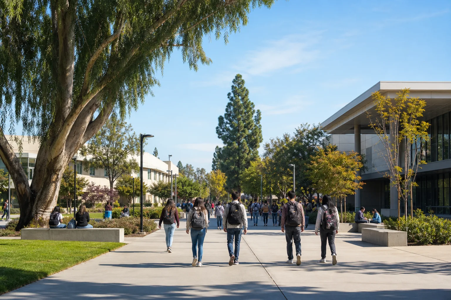 Landscaped pedestrian quad and academic buildings representing Cypress College