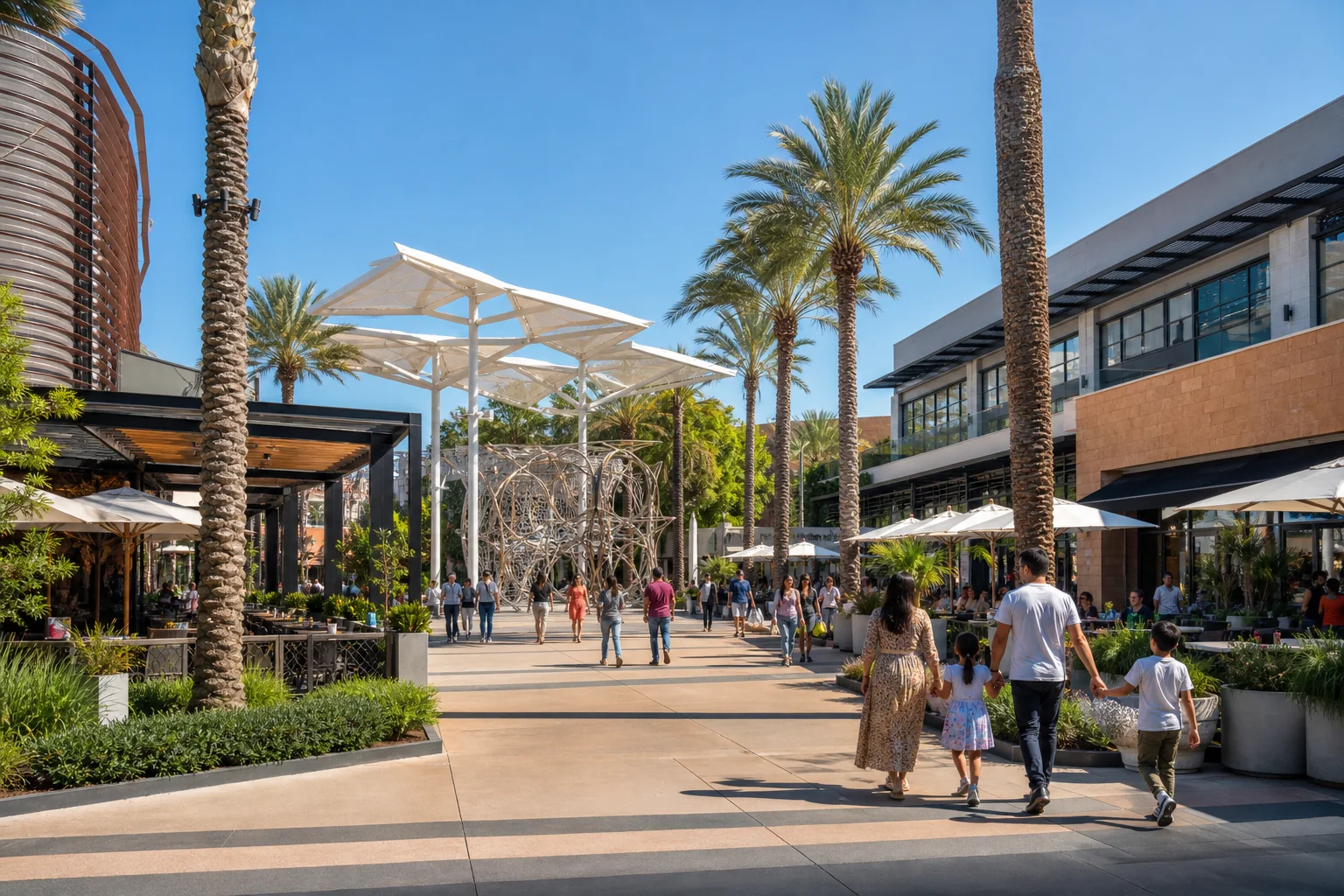 Contemporary shopping promenade, outdoor dining, and public art representing The District at Tustin Legacy