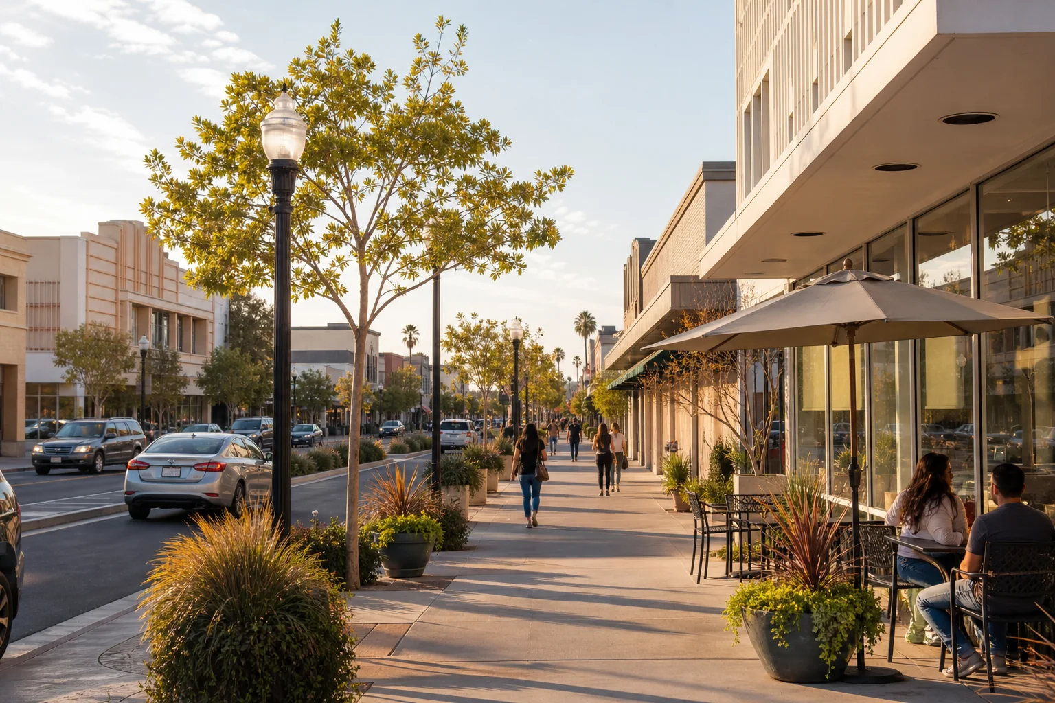 Walkable storefront district with cafe seating and street trees representing Downtown Bellflower