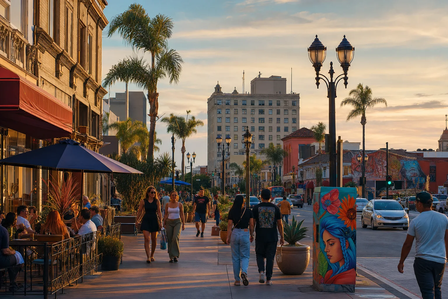 Historic arts-district streetscape, public murals, and outdoor dining representing Downtown Santa Ana