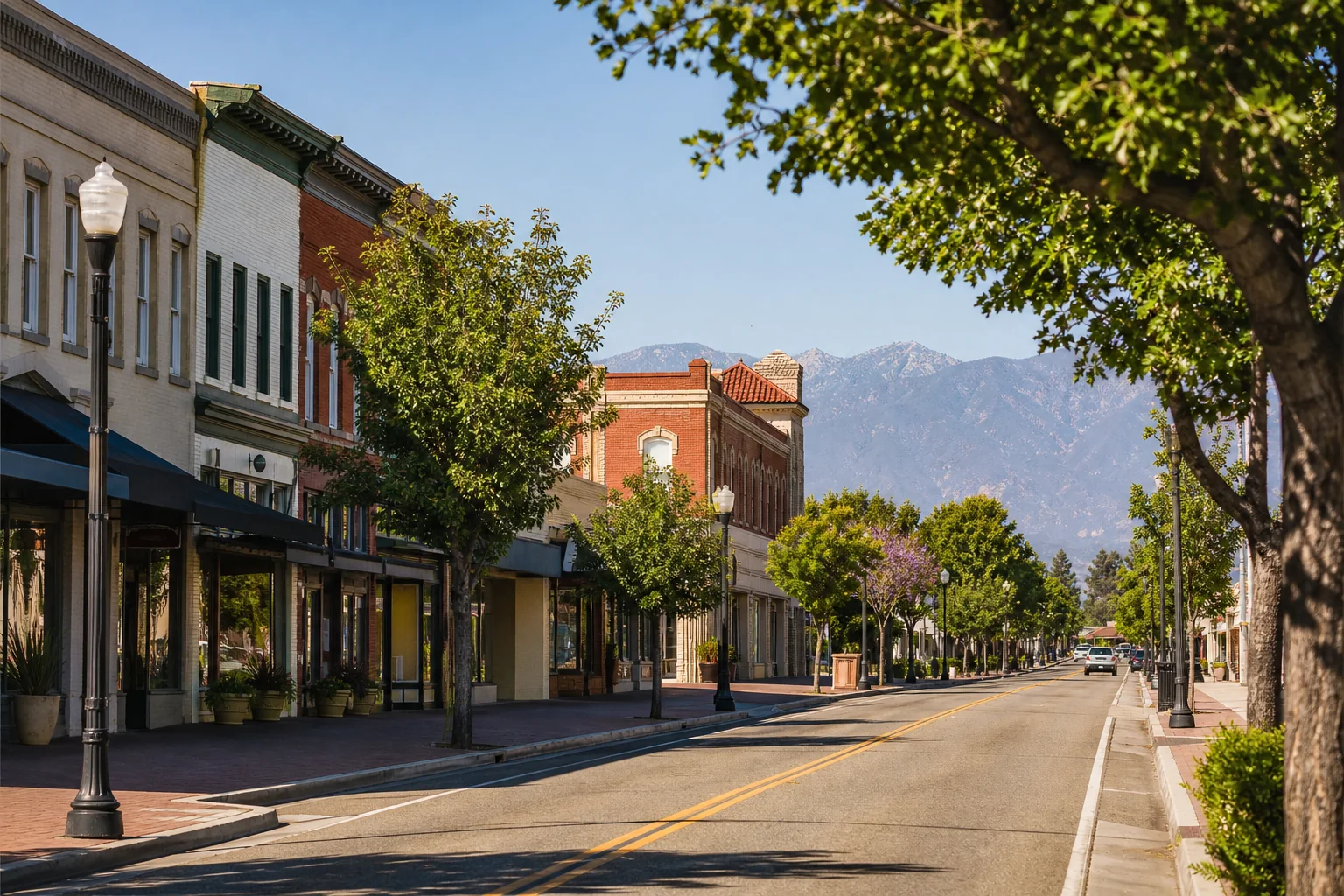 Historic storefronts and tree-lined commercial street in Downtown Upland