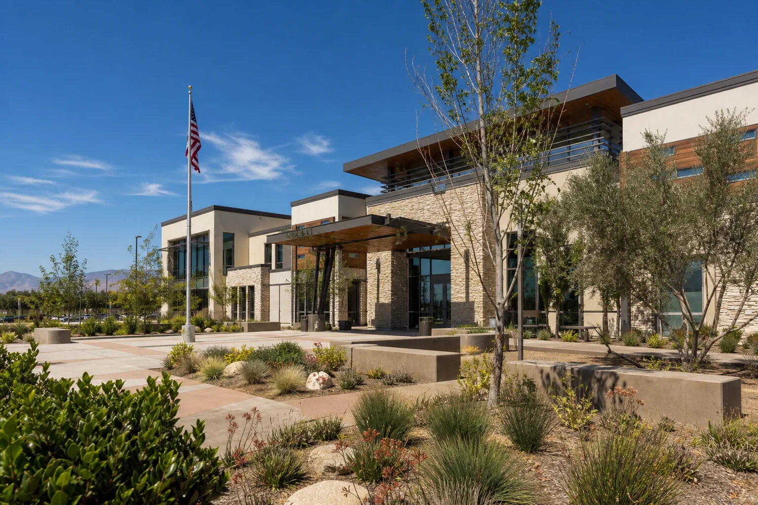 Contemporary municipal building and landscaped plaza representing Eastvale City Hall
