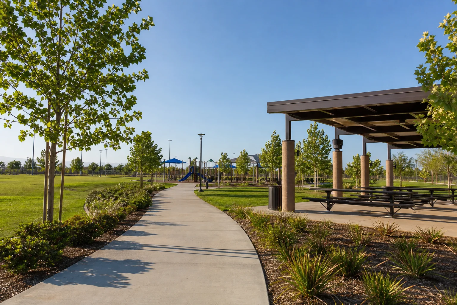 Sports fields, playground, and picnic pavilion representing Eastvale Community Park