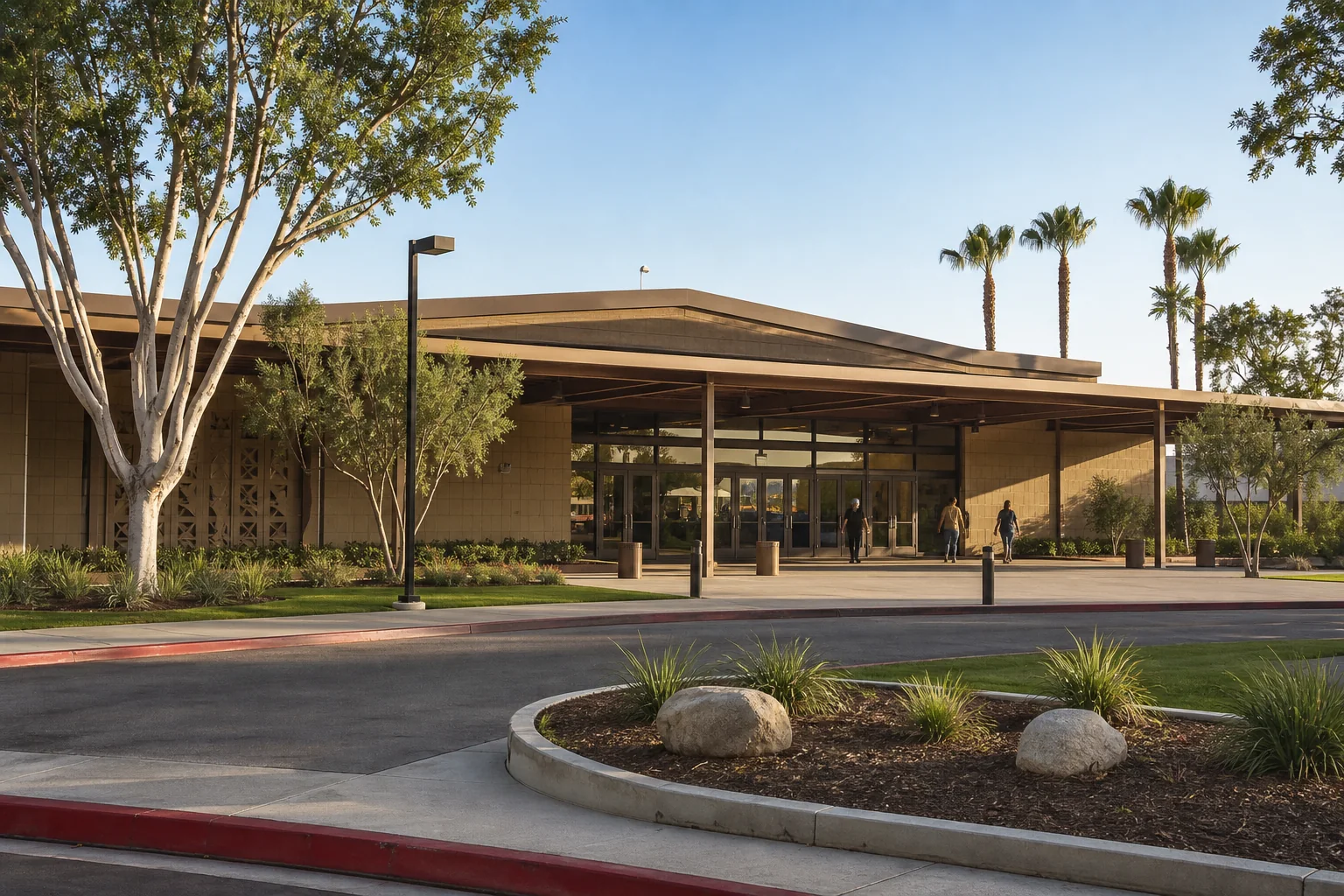 Mid-century community venue and landscaped entrance representing Ehlers Event Center