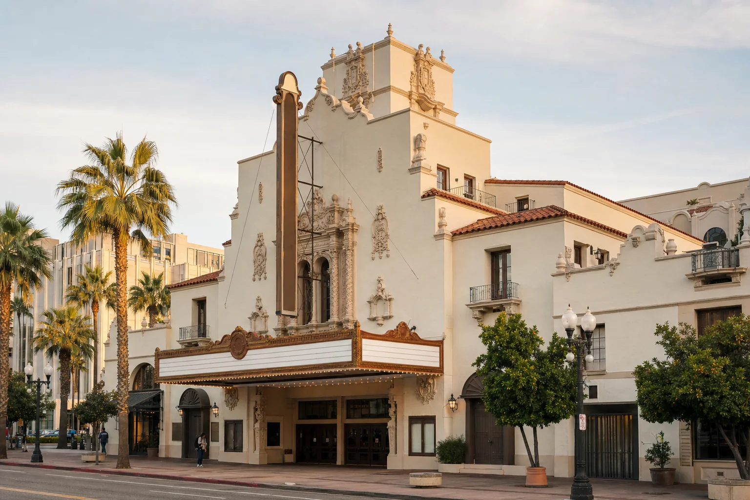 Historic Spanish-style theater facade and marquee representing the Fox Performing Arts Center