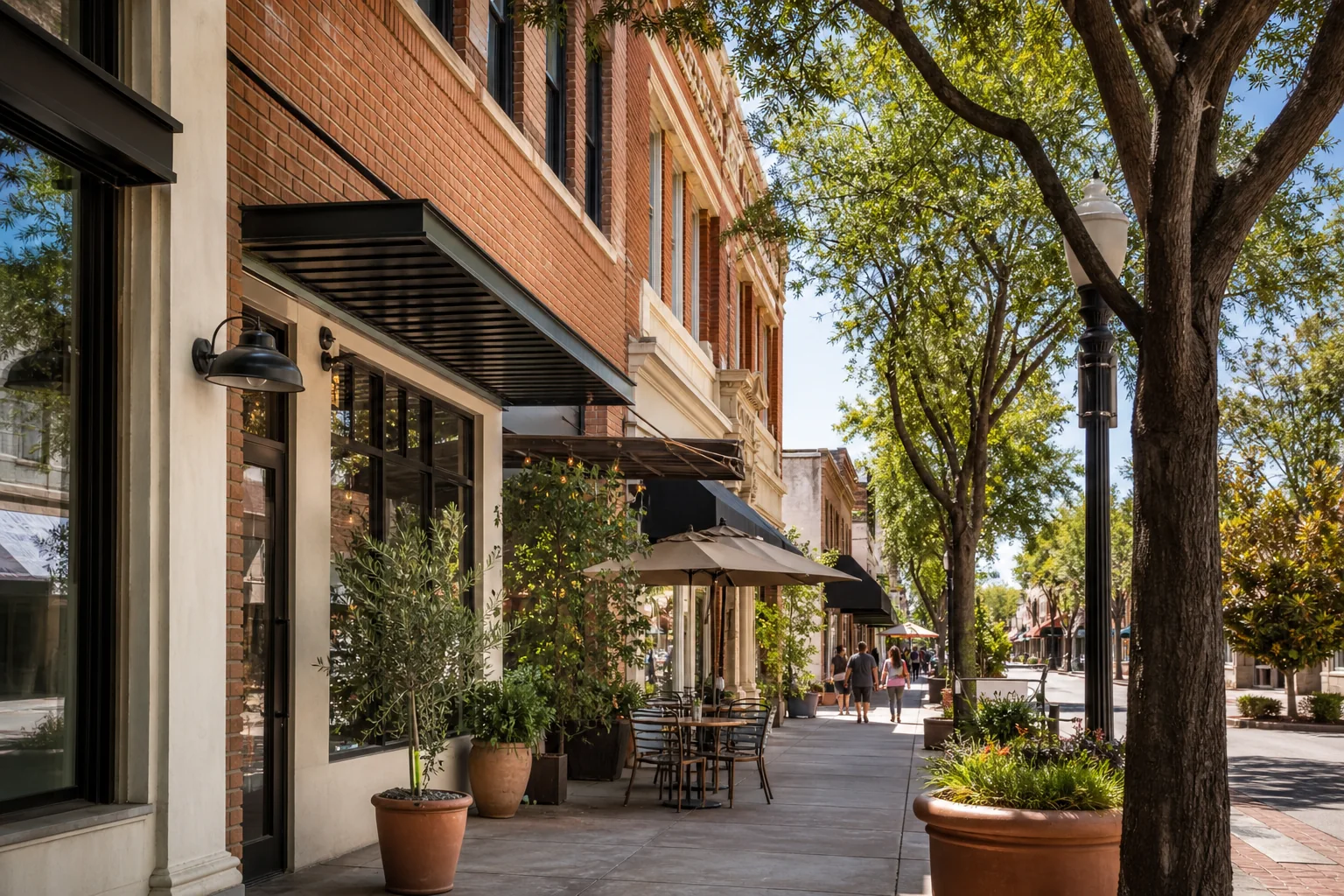 Historic brick storefronts and a tree-lined sidewalk in Downtown Fullerton