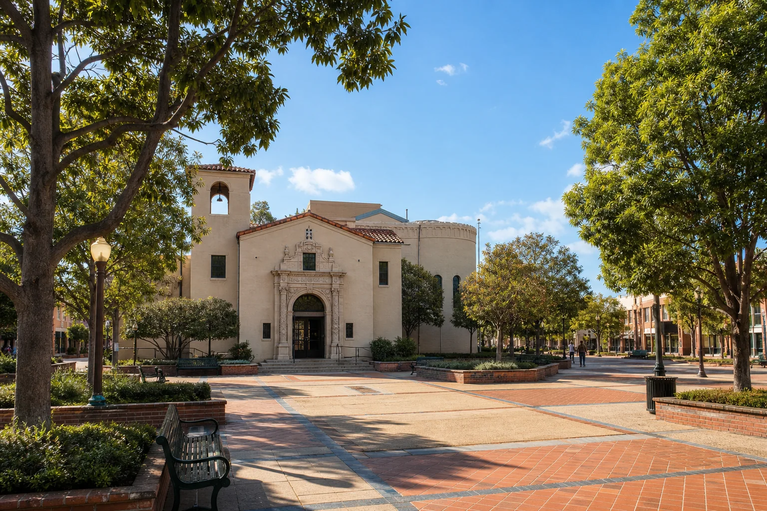 Fullerton Museum Center–style civic building and shaded downtown plaza