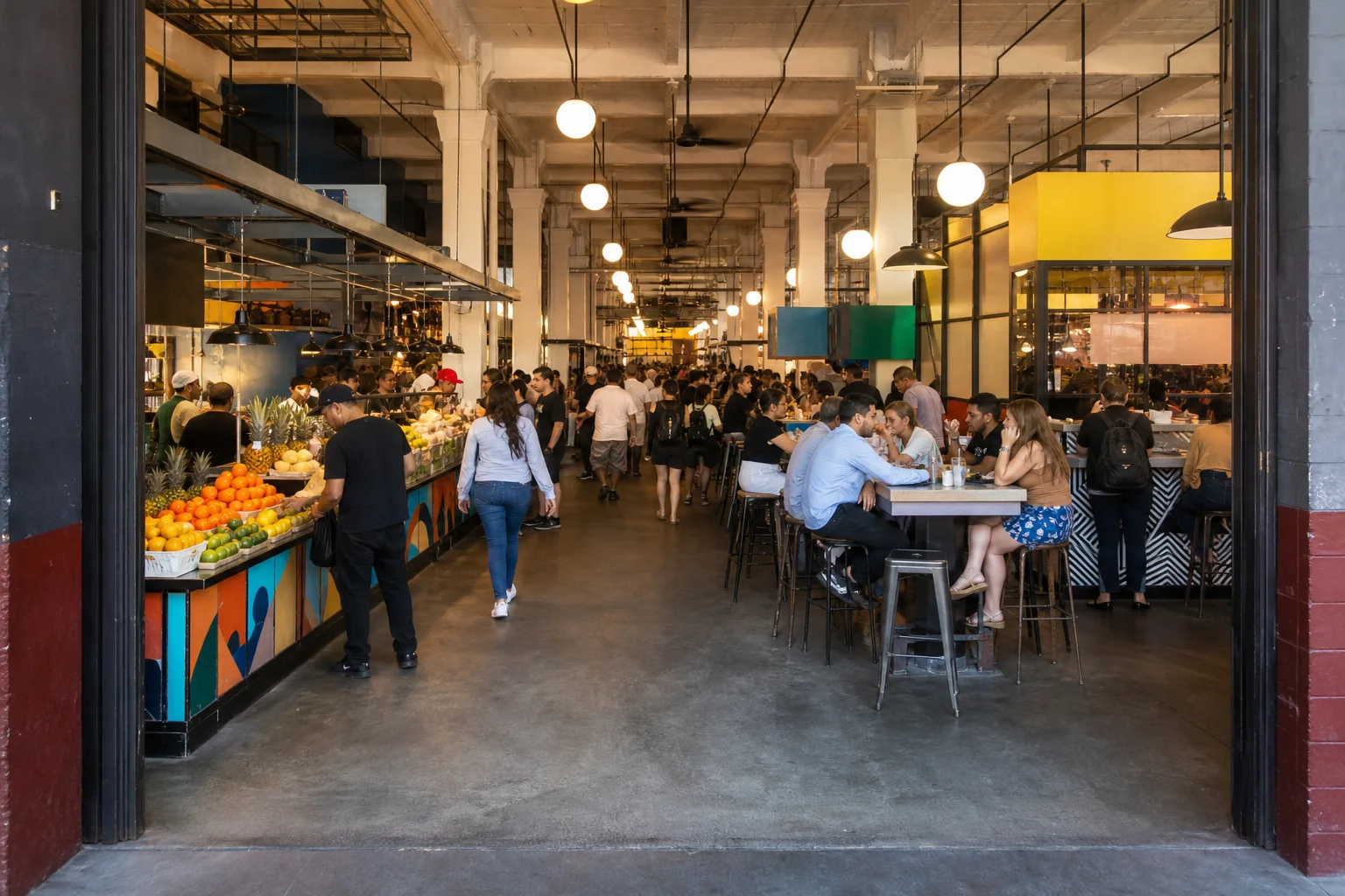Historic indoor food hall with produce stalls and communal dining representing Grand Central Market