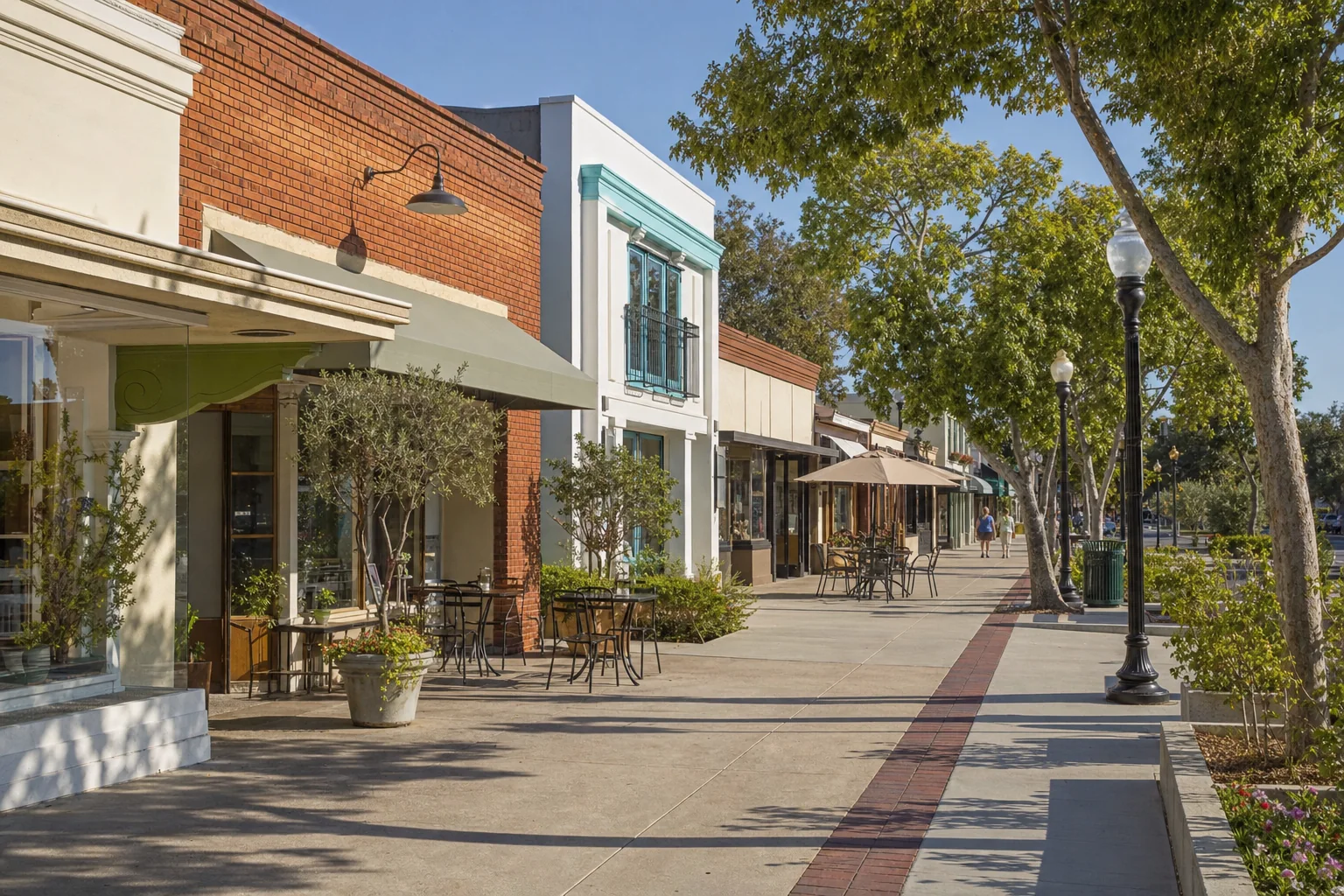 Vintage storefronts and a tree-lined sidewalk on Historic Main Street in Garden Grove