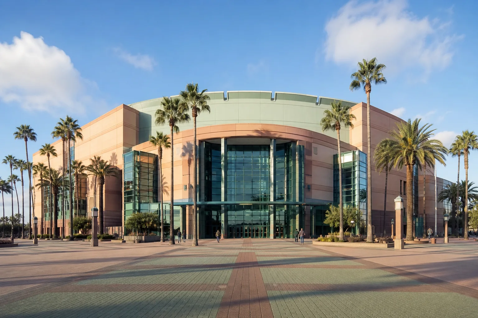 Large arena entrance and palm-lined plaza representing Honda Center in Anaheim