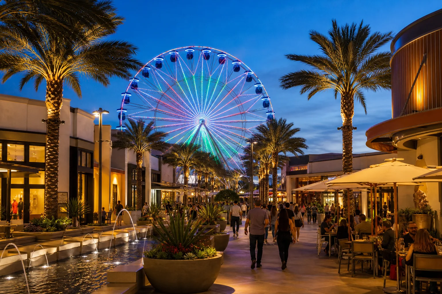 Illuminated observation wheel and palm-lined promenade representing Irvine Spectrum Center