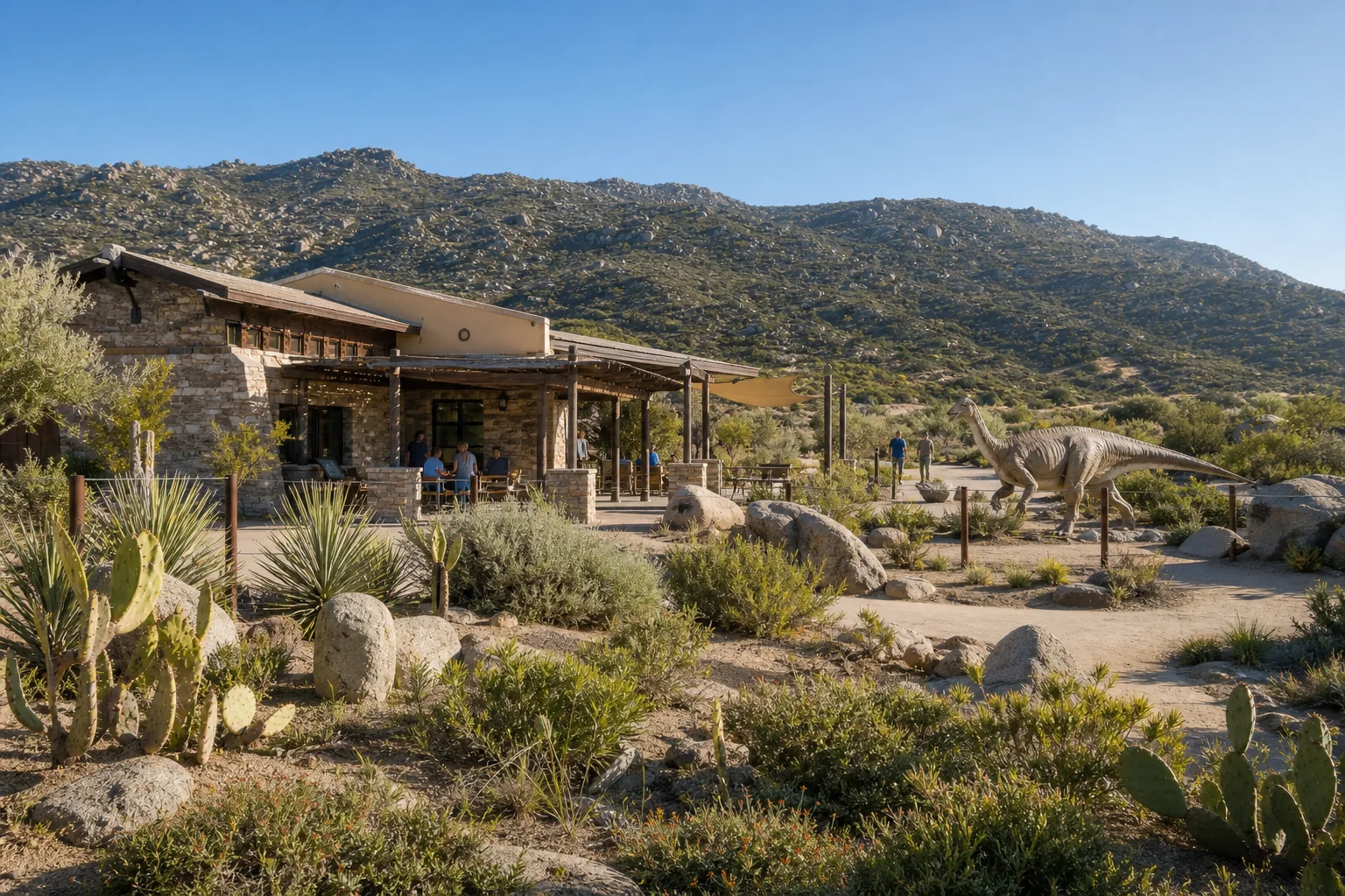 Rocky nature-center grounds and dinosaur sculpture representing Jurupa Mountains Discovery Center