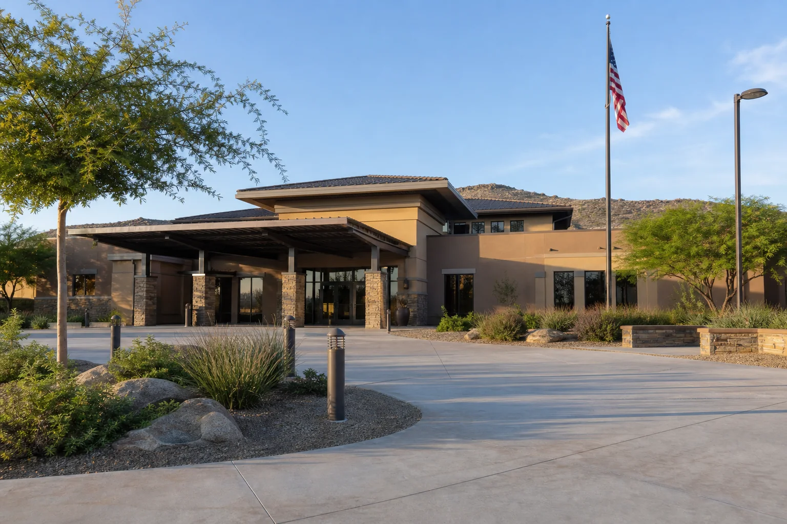 Contemporary municipal building and drought-conscious plaza representing Jurupa Valley City Hall