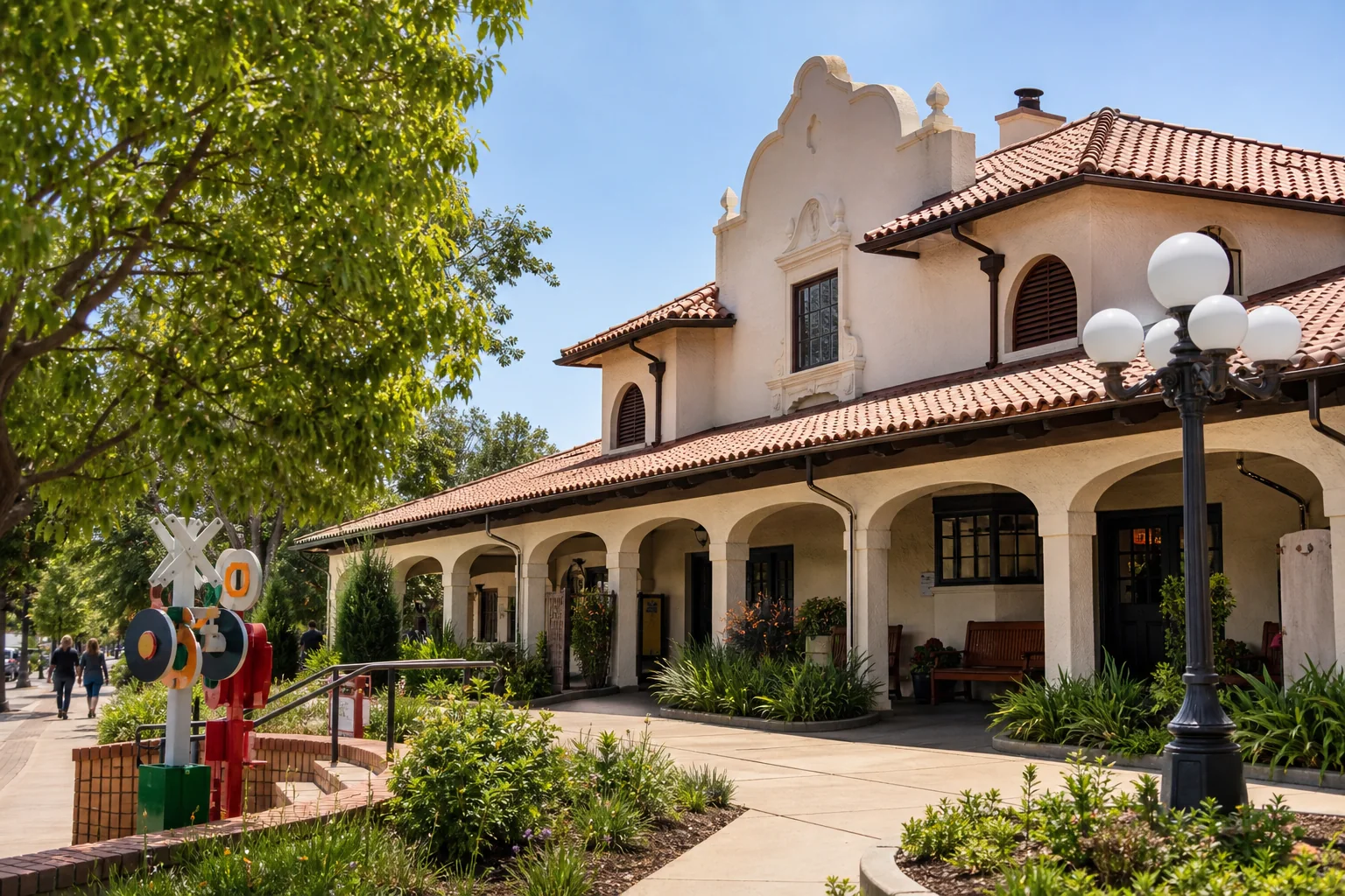 Historic depot-style museum building and landscaped entrance representing La Habra Children’s Museum