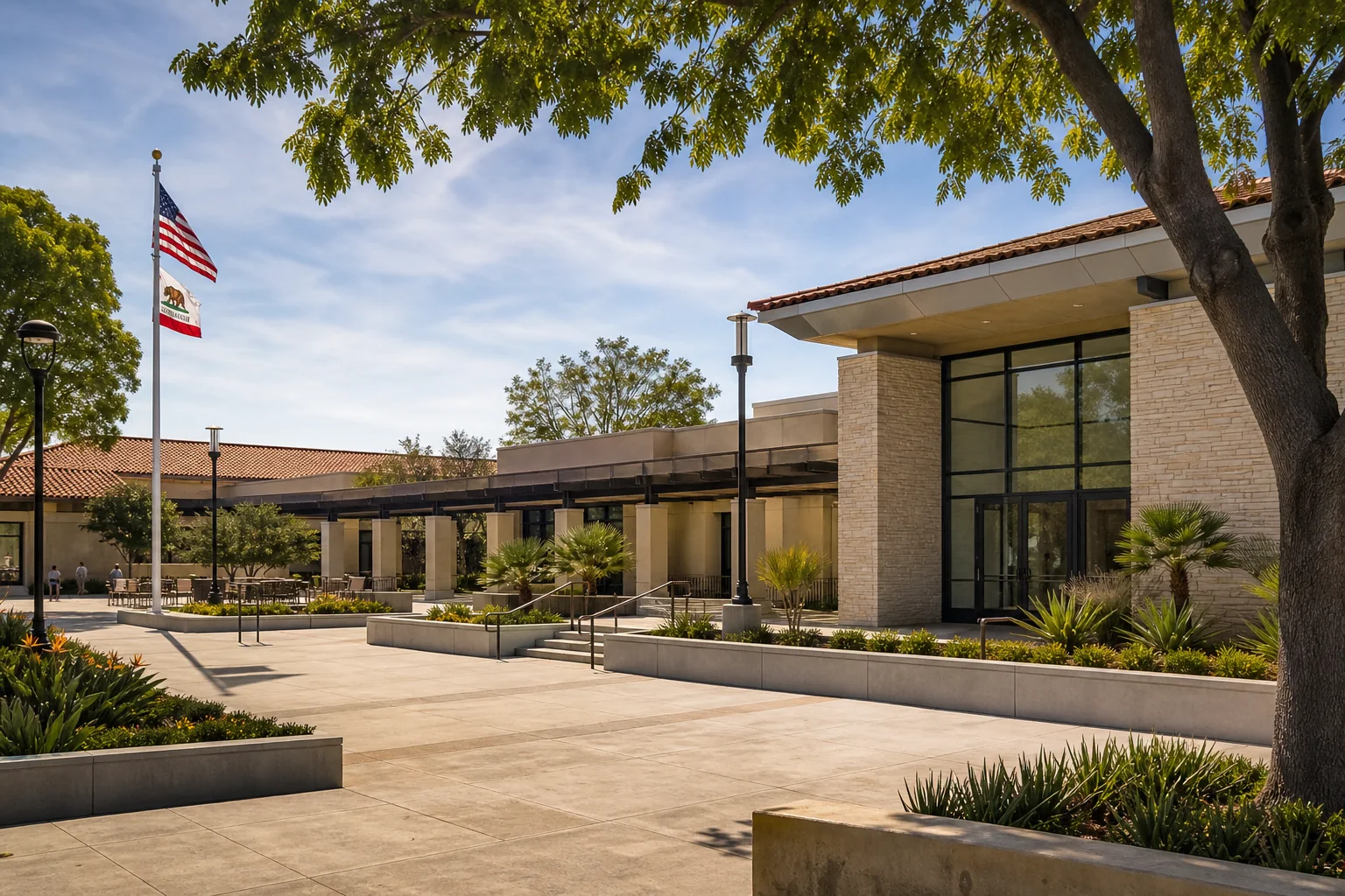 Contemporary municipal buildings and landscaped plaza representing La Habra Civic Center