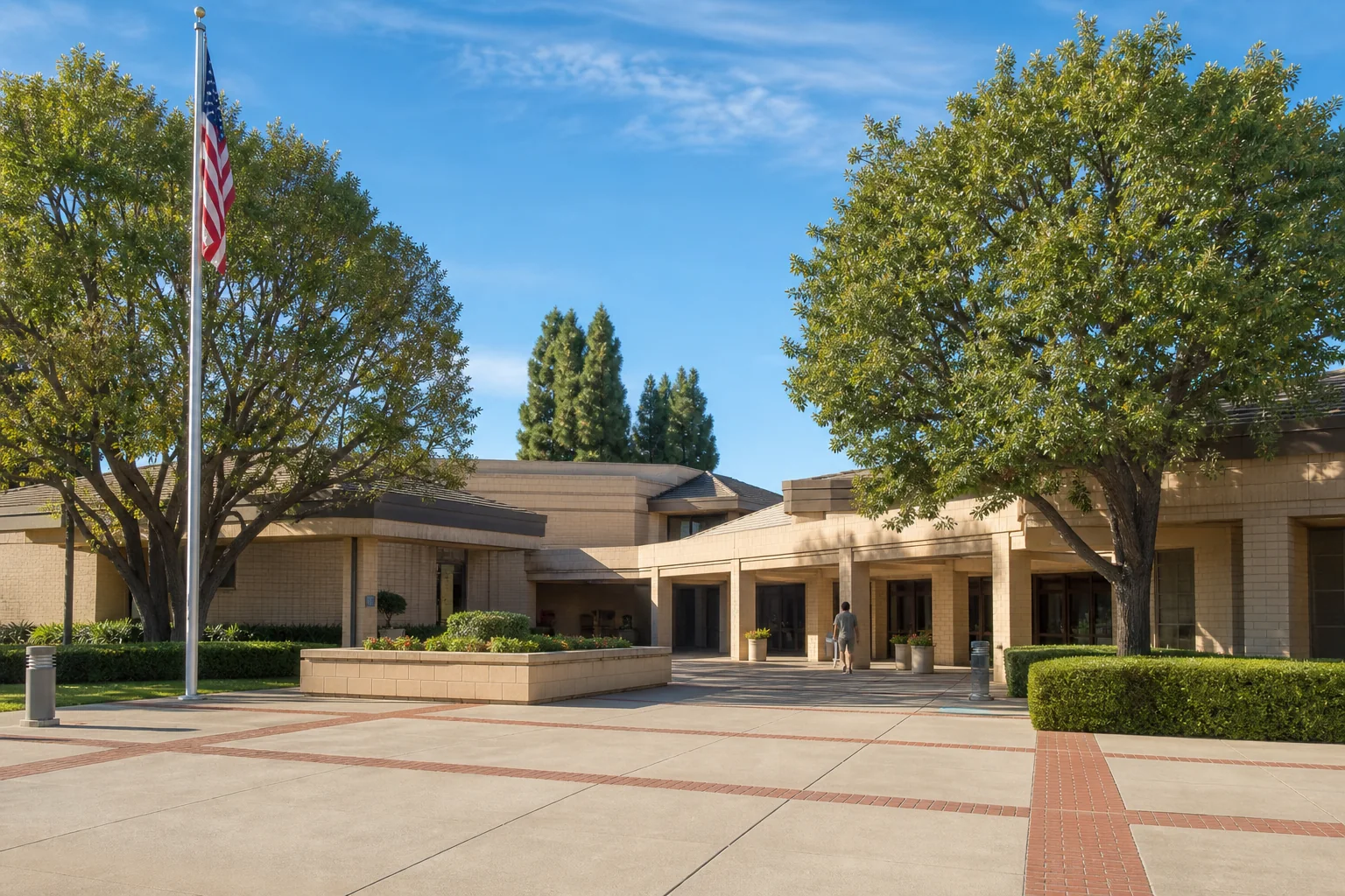 Low-rise municipal buildings and shaded public forecourt representing La Palma Civic Center