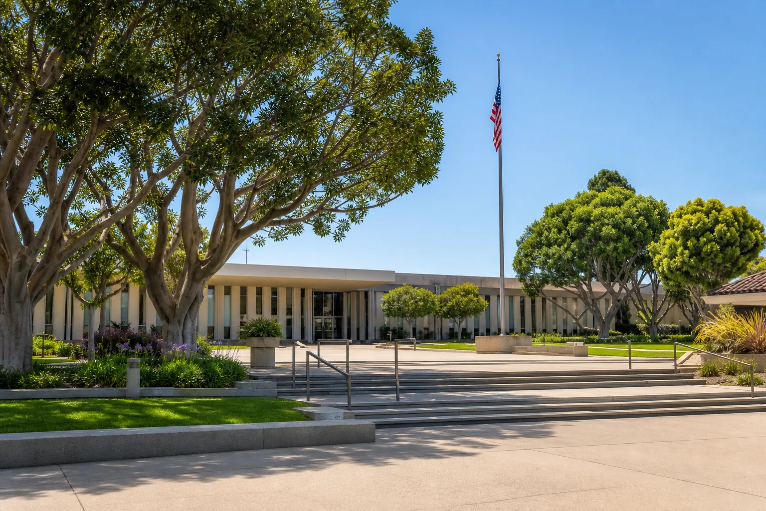 Mid-century municipal building and landscaped plaza representing Lakewood Civic Center