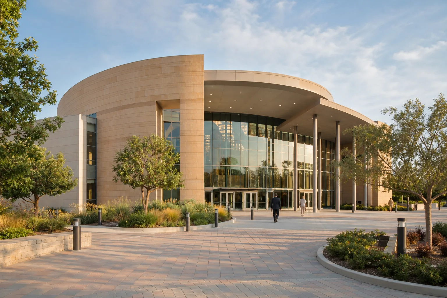 Curved theater facade and glass lobby representing Lewis Family Playhouse