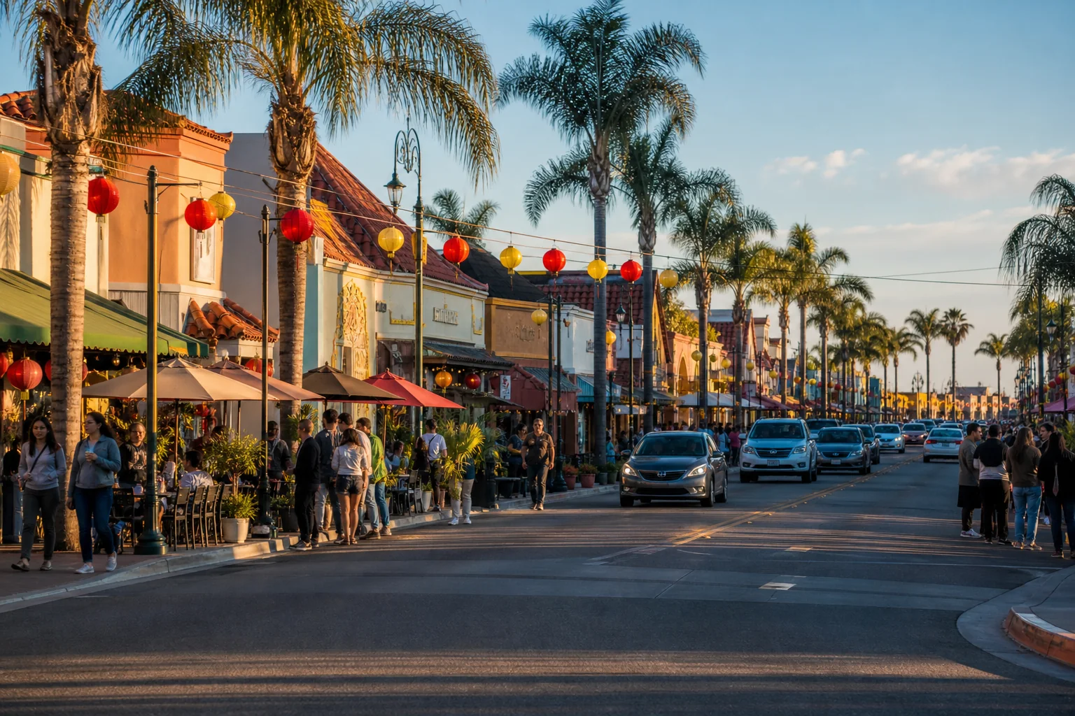 Vietnamese-American commercial boulevard with lanterns and outdoor cafes representing Little Saigon in Westminster