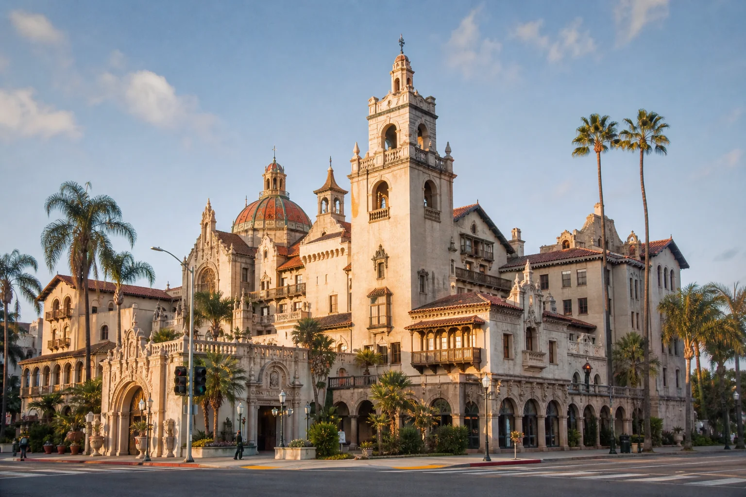 Mission Revival towers, domes, and arcades representing the Mission Inn in Riverside