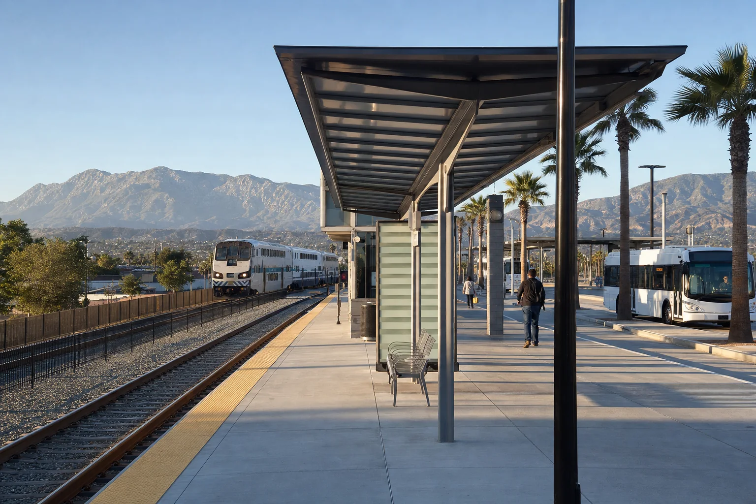 Rail platform, commuter train, and bus bays representing Montclair Transcenter