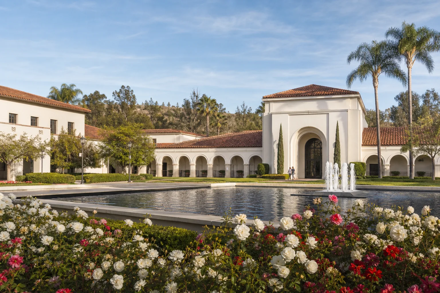 Spanish Colonial museum buildings, reflecting pool, and rose gardens representing the Nixon Library