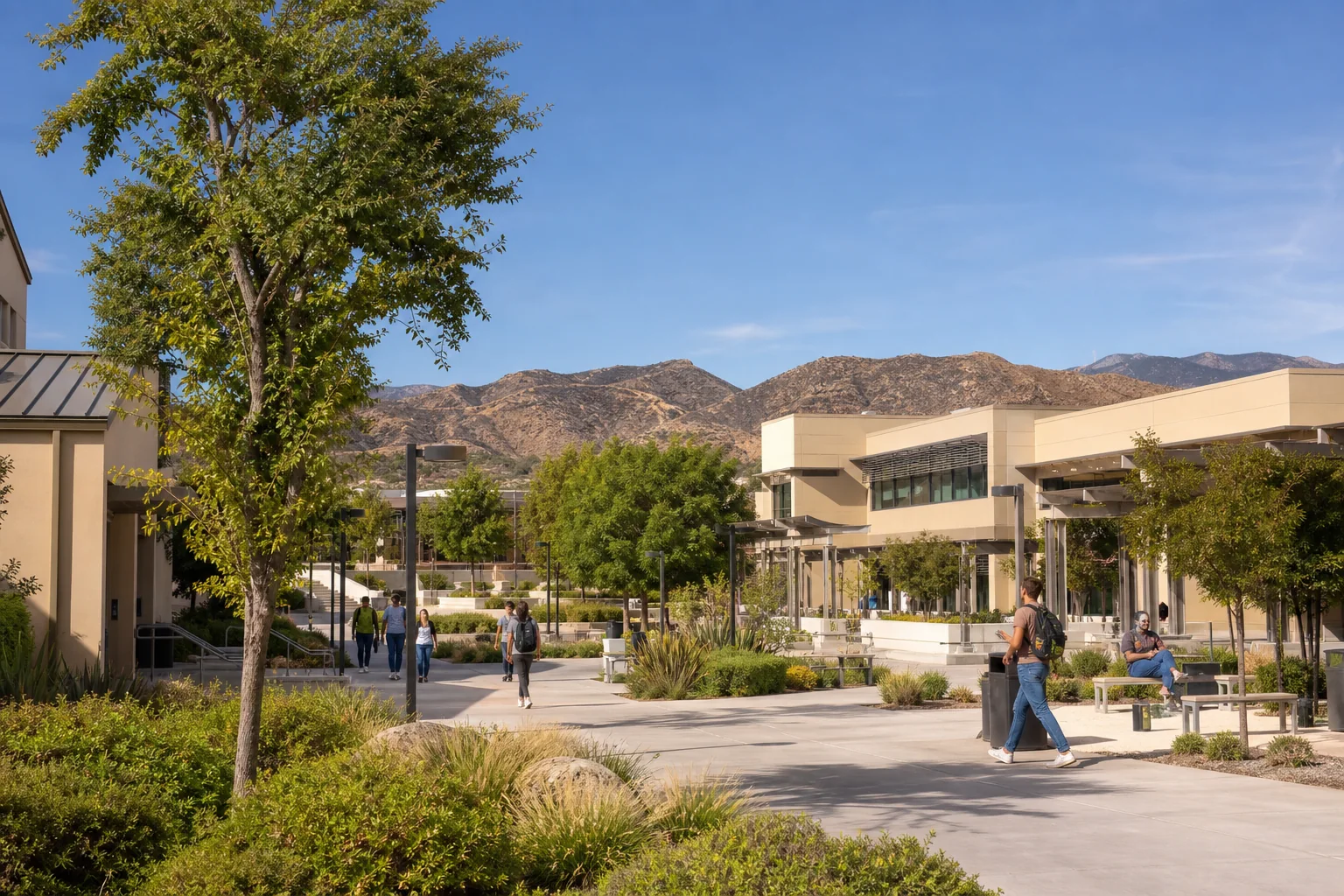 Landscaped pedestrian quad and contemporary academic buildings representing Norco College