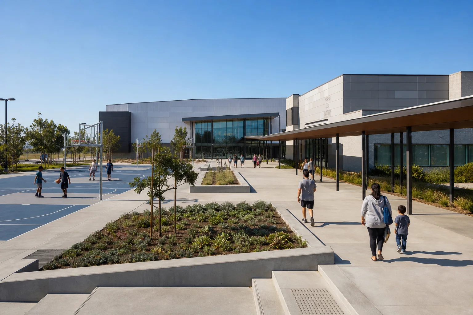 Modern recreation facility, landscaped entrance, and basketball courts representing Norwalk Arts and Sports Complex