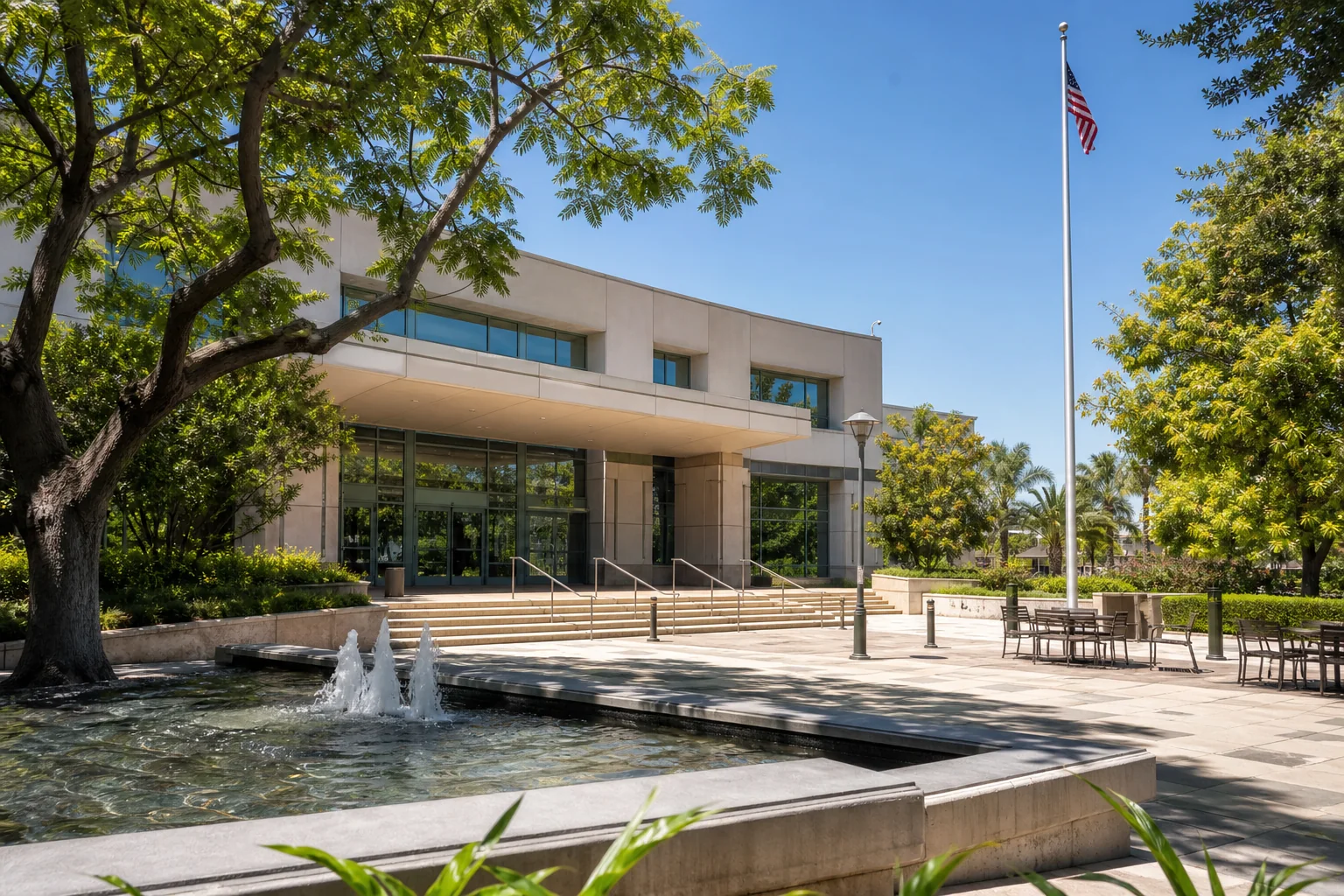 Modern municipal building, fountain, and shaded civic plaza representing Norwalk City Hall