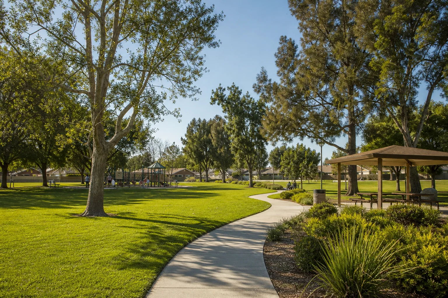 Curving path, shade trees, and picnic areas representing Oak Knoll Park in Cypress