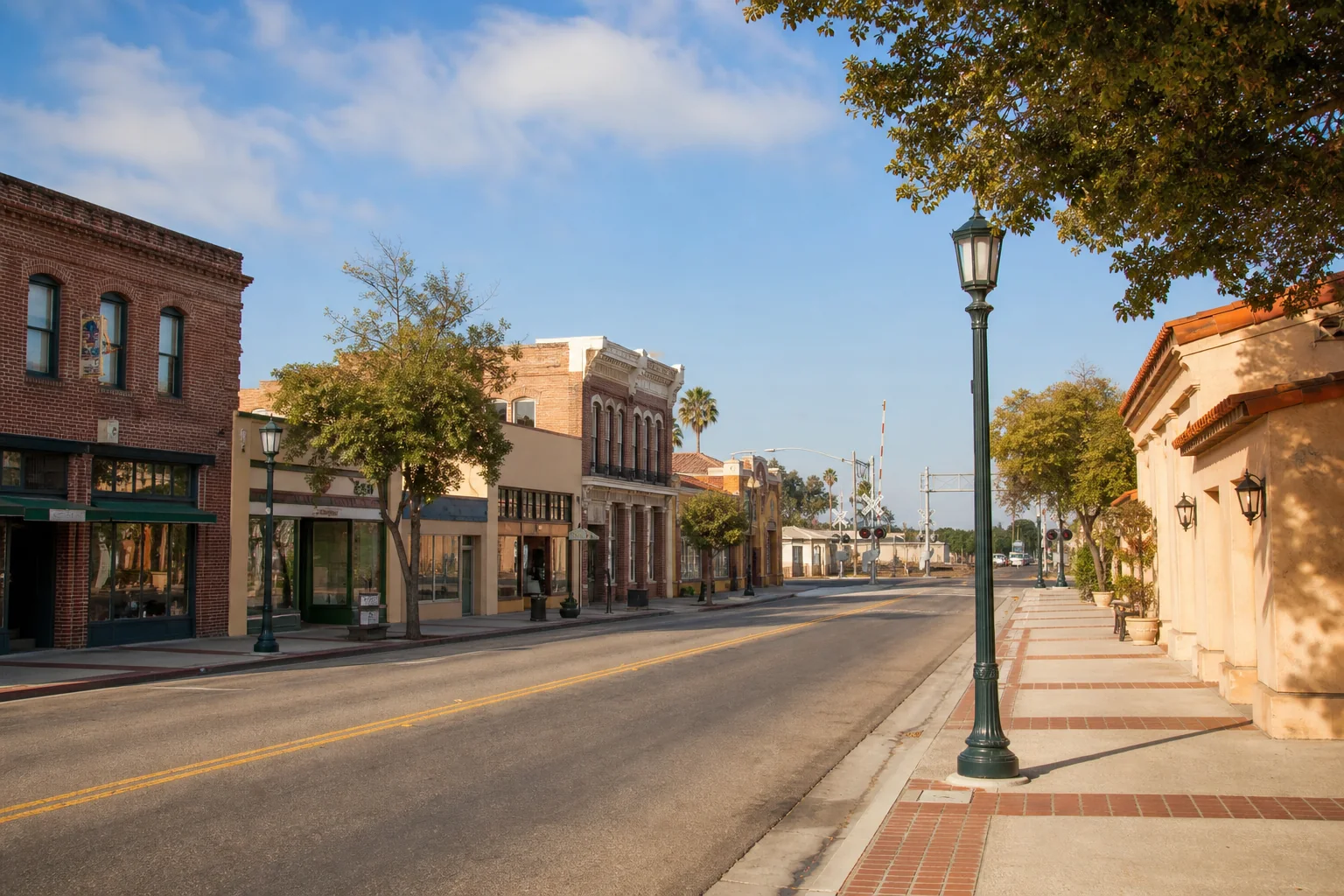 Historic brick storefronts and railroad crossing in Old Town Placentia