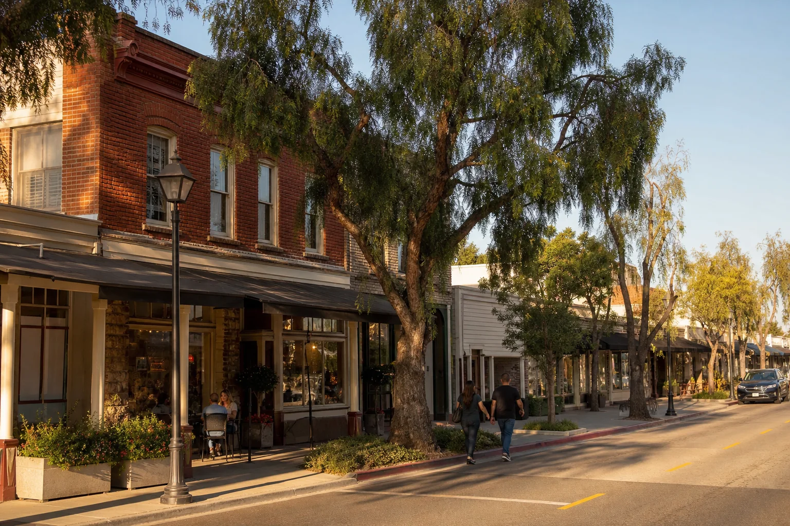 Historic brick storefronts and mature pepper trees representing Old Town Tustin