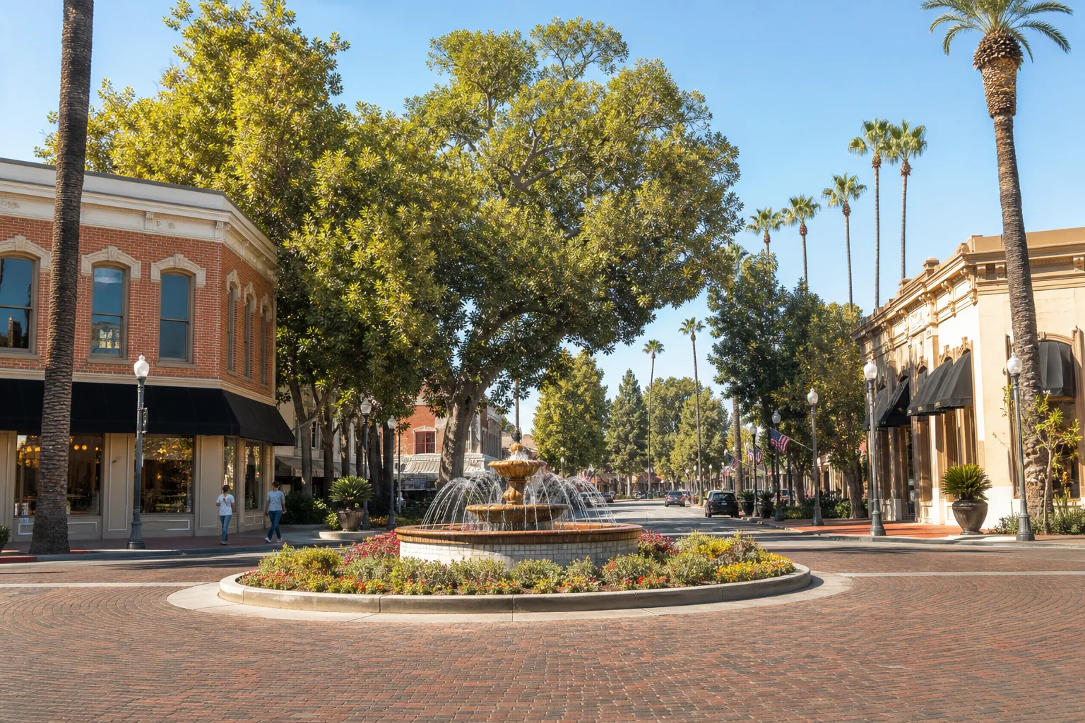Central fountain, mature trees, and historic storefronts representing Old Towne Orange