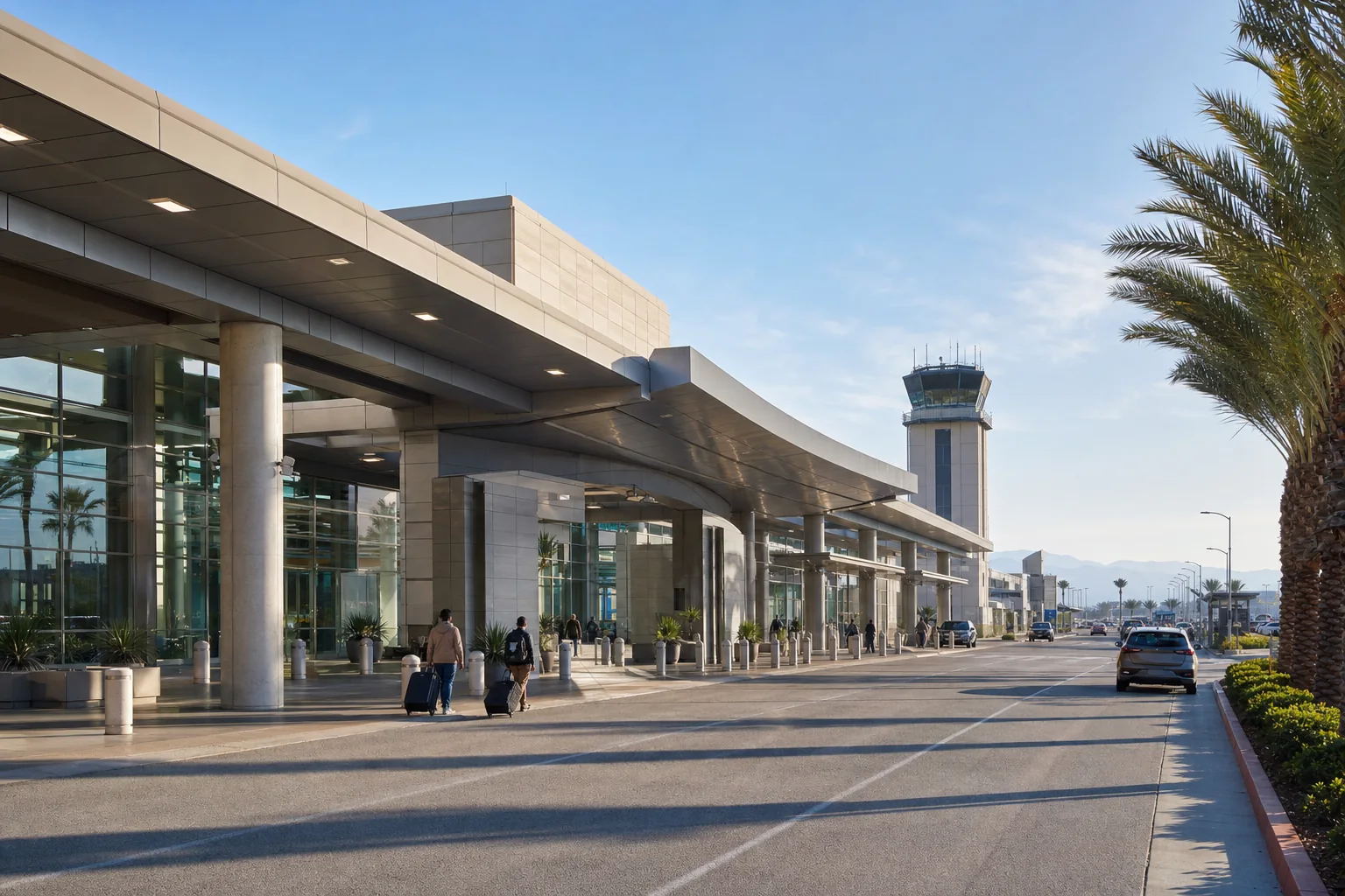 Modern airport terminal, curbside canopy, and control tower representing Ontario International Airport