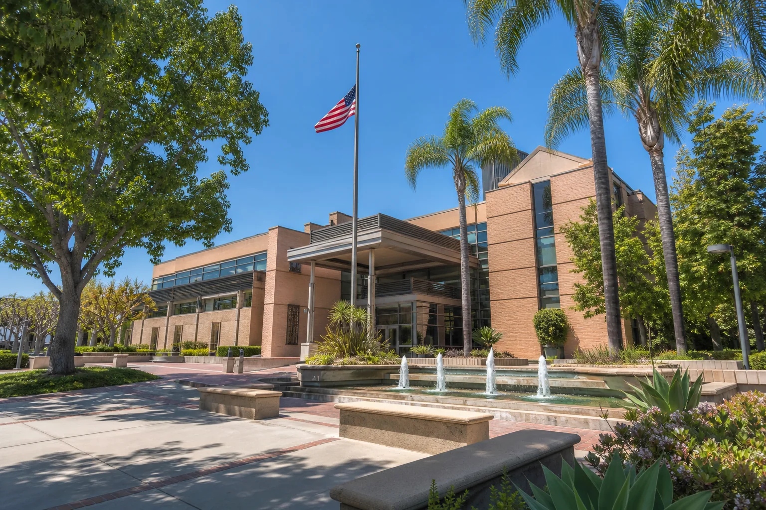 Contemporary municipal building, fountain, and palm-lined plaza representing Paramount City Hall