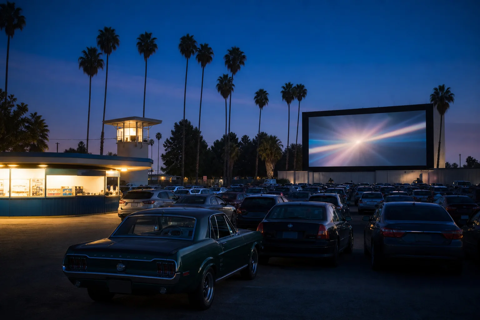 Outdoor movie screen, parked cars, and illuminated concession building representing Paramount Drive-In Theatres