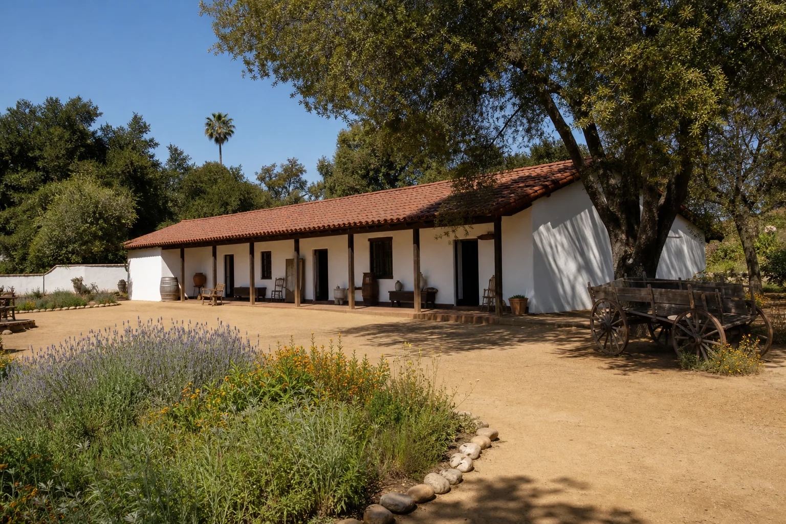 Restored adobe residence and historic courtyard representing Pio Pico State Historic Park